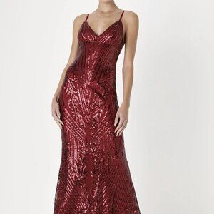NWT Lulus Ever So Elegant Shiny Burgundy Sequin Mermaid Maxi Dress